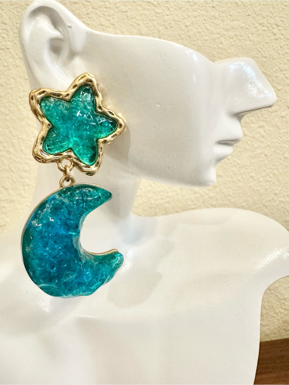 Gold-Plated Teal Resin Star & Moon Drop Earrings (Oversized & High Quality)